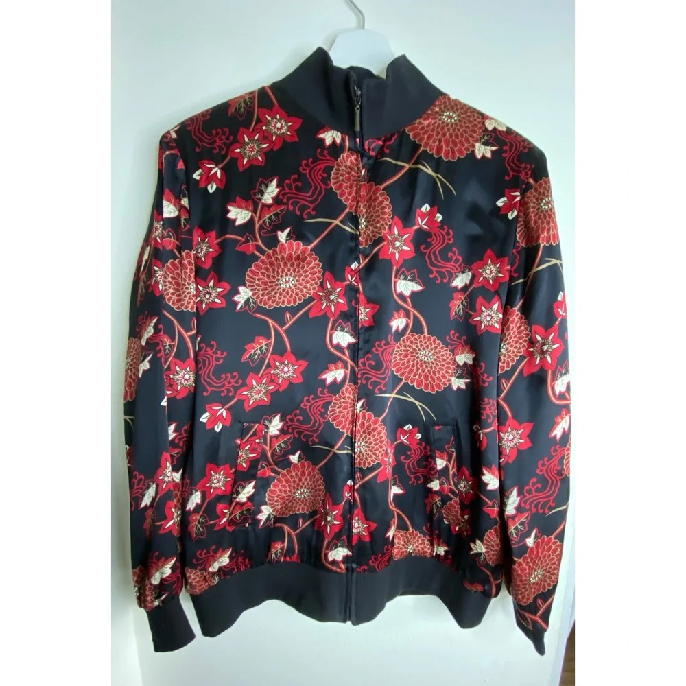 Notations Silk Bomber Jacket Womens Large Black Red Floral Chrysanthemum Zip Up - Picture 1 of 7